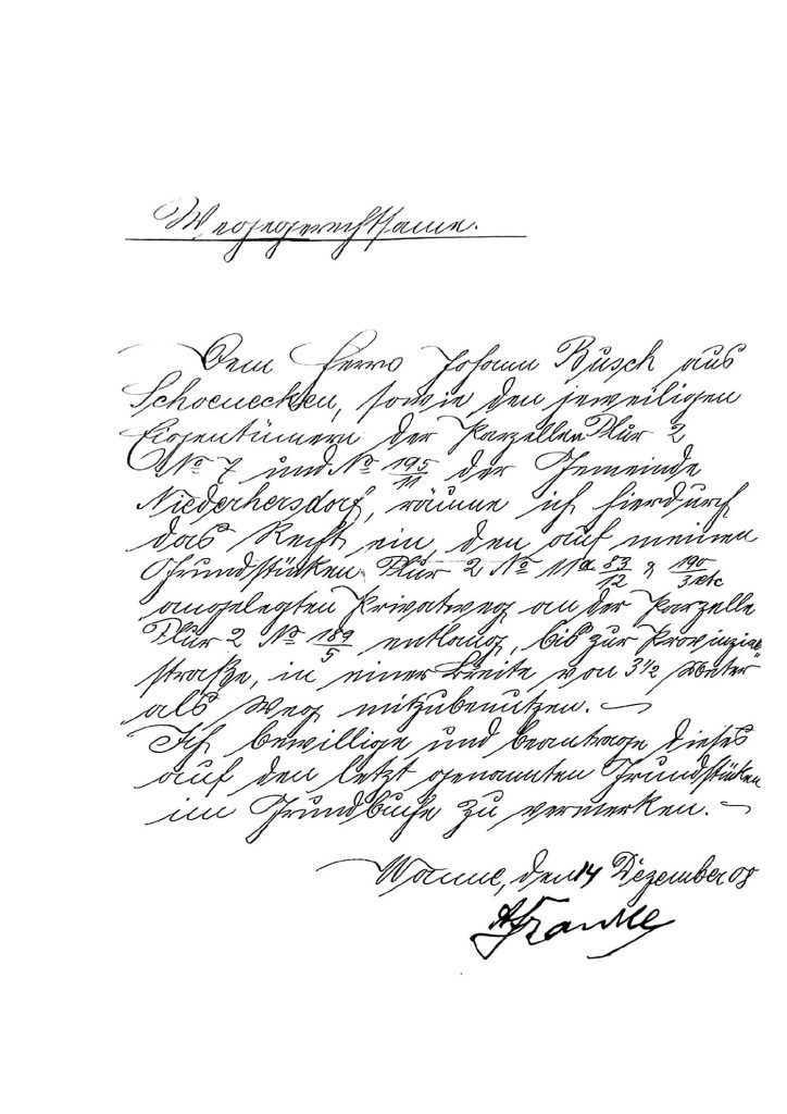 Handschriftliche Urkunde in Kurrentschrift vom 14. Dezember 1908: A. Franke räumt ein Wegerecht über seine Grundstücke in Niederhersdorf ein